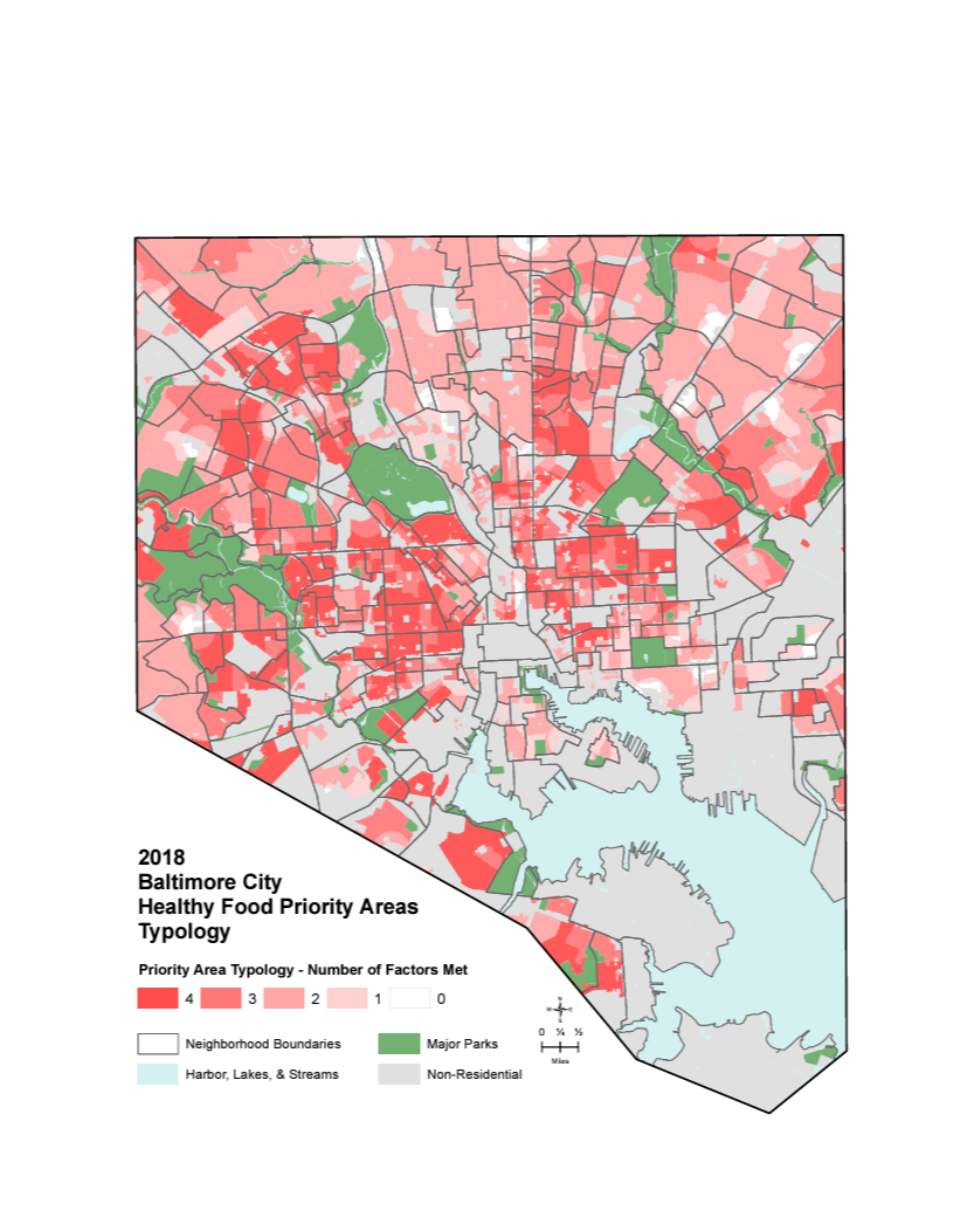 Map of the city of Baltimore showing Healthy Food Priority Area Typography based on the number of factors met. The majority of the city shows at least one factor met with many sections ranging up to the maximum of four factors.