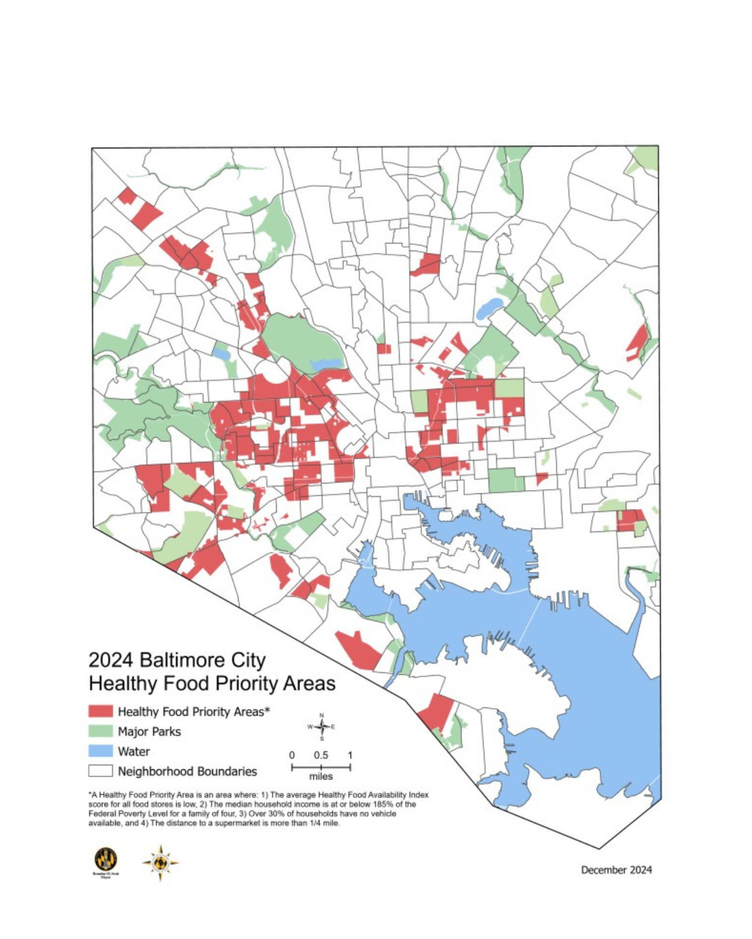 Healthy Food Priority Area Map from The Department of Planning and the Johns Hopkins Center for a Livable Future's Baltimore City’s Food Environment: 2024 Report