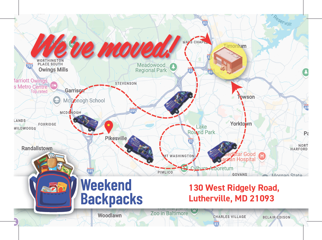 graphic showing the Weekend Backpacks' cargo van going from Pikesville to Timonium saying "we've moved!"